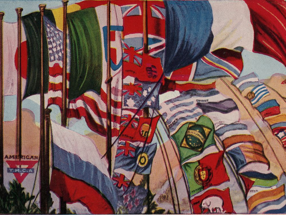 American YMCA illustrated postcard with flags of the Allied Forces of World War I, ca. 1914-1918